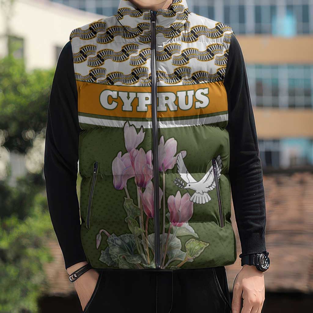 Cyprus Sleeveless Puffer Jacket with Cyclamen Flower Illustration Design and National Emblem - Wonder Print Shop