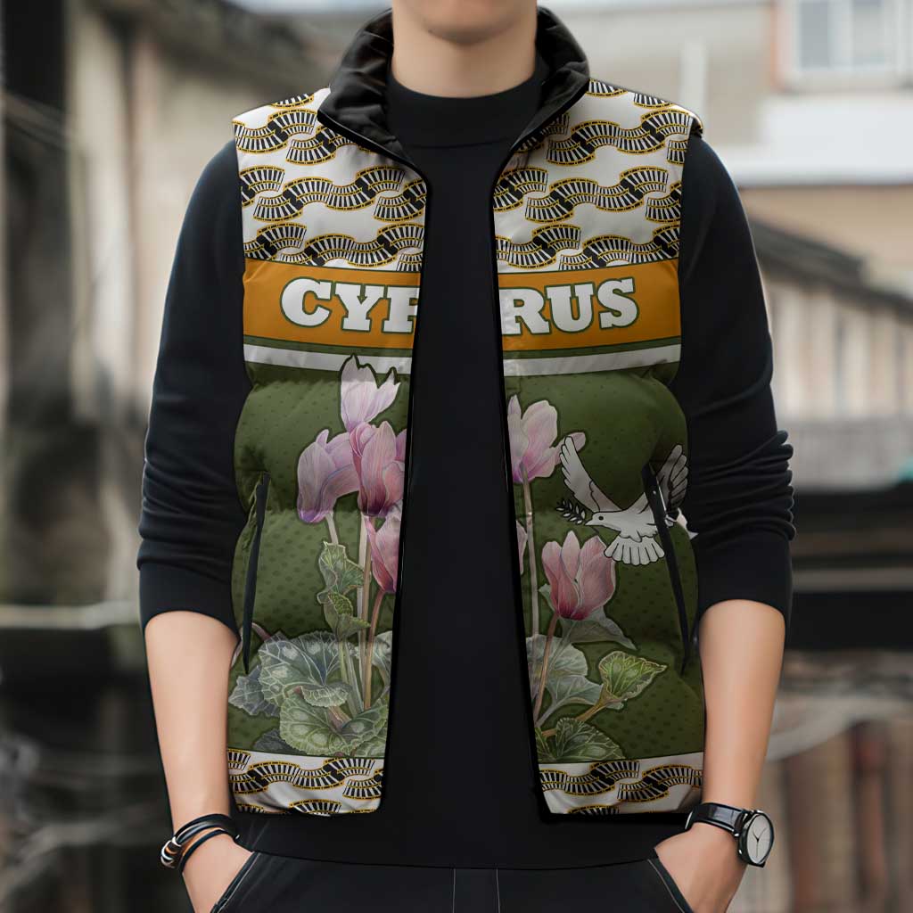 Cyprus Sleeveless Puffer Jacket with Cyclamen Flower Illustration Design and National Emblem - Wonder Print Shop