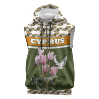 Cyprus Sleeveless Zip Hoodie with Cyclamen Flower Illustration Design and National Emblem - Wonder Print Shop