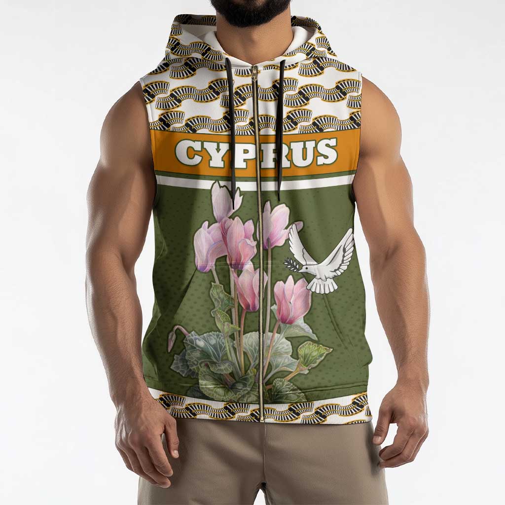 Cyprus Sleeveless Zip Hoodie with Cyclamen Flower Illustration Design and National Emblem - Wonder Print Shop