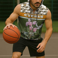 Cyprus Sleeveless Zip Hoodie with Cyclamen Flower Illustration Design and National Emblem - Wonder Print Shop