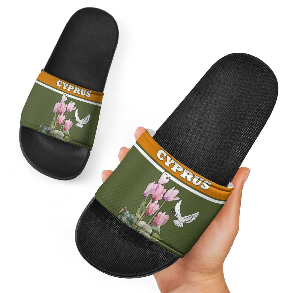 Cyprus Slide Sandals with Cyclamen Flower Illustration Design and National Emblem - Wonder Print Shop