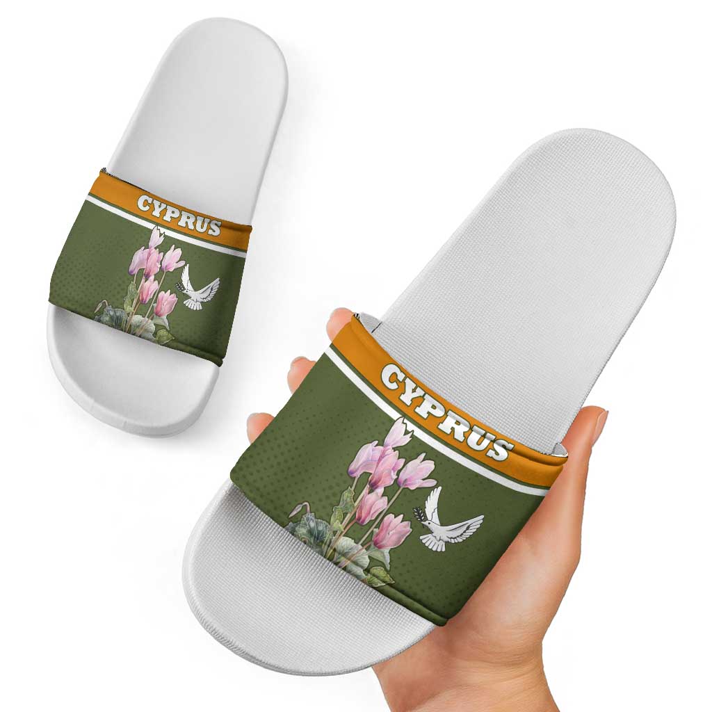 Cyprus Slide Sandals with Cyclamen Flower Illustration Design and National Emblem - Wonder Print Shop