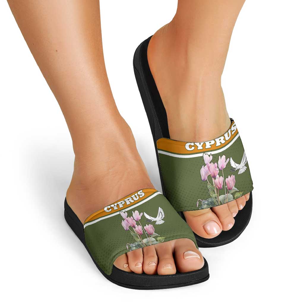 Cyprus Slide Sandals with Cyclamen Flower Illustration Design and National Emblem - Wonder Print Shop