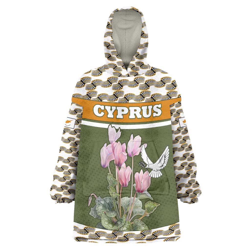 Cyprus Wearable Blanket Hoodie with Cyclamen Flower Illustration Design and National Emblem - Wonder Print Shop