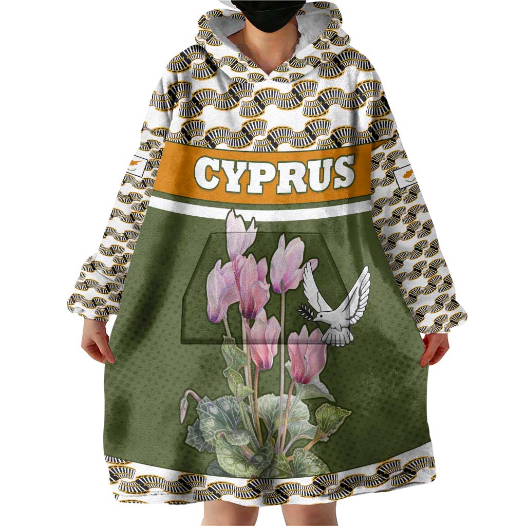 Cyprus Wearable Blanket Hoodie with Cyclamen Flower Illustration Design and National Emblem - Wonder Print Shop
