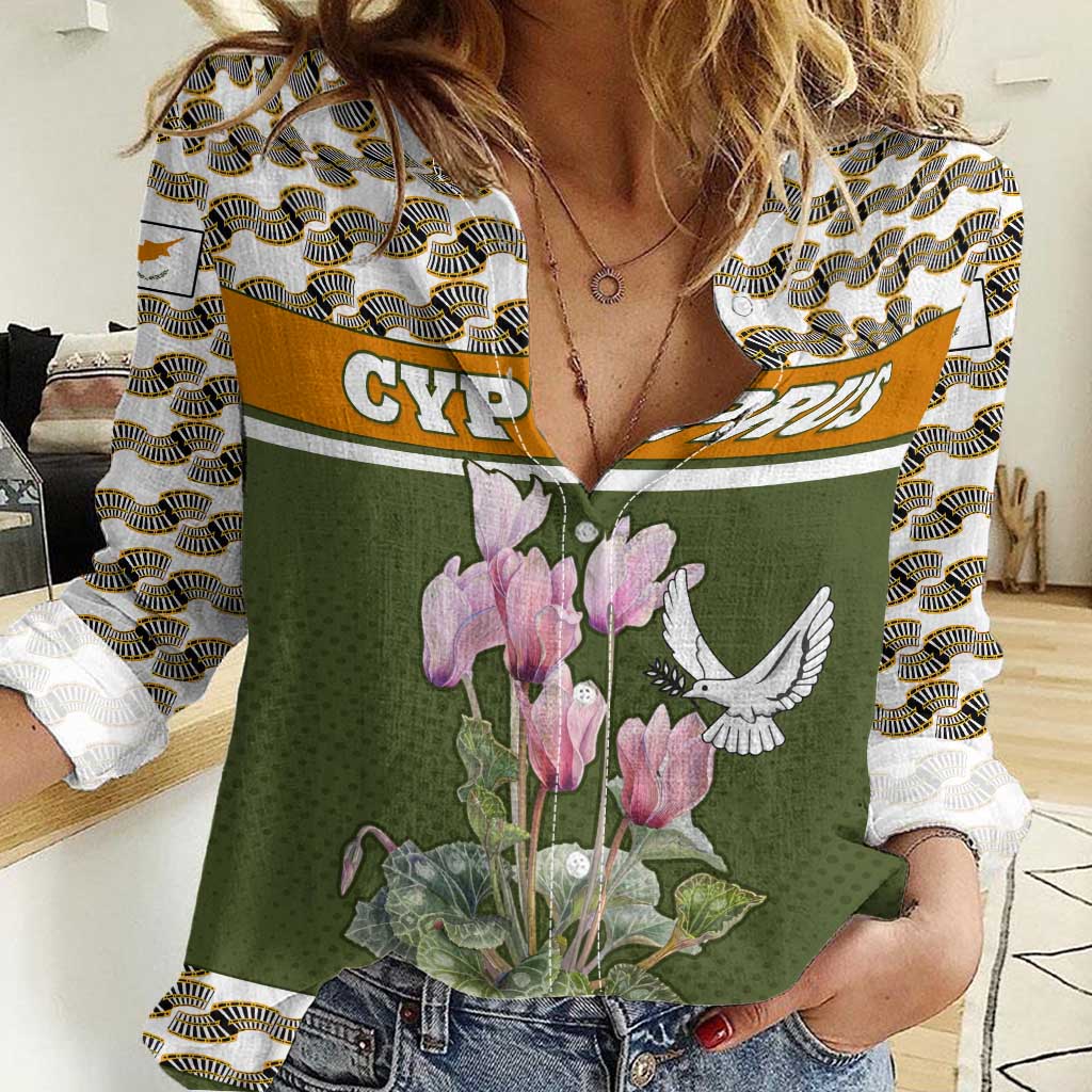 Cyprus Women Casual Shirt with Cyclamen Flower Illustration Design and National Emblem - Wonder Print Shop