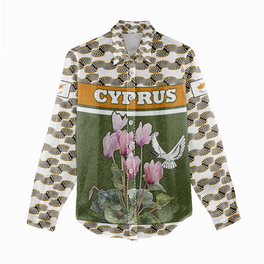 Cyprus Women Casual Shirt with Cyclamen Flower Illustration Design and National Emblem - Wonder Print Shop