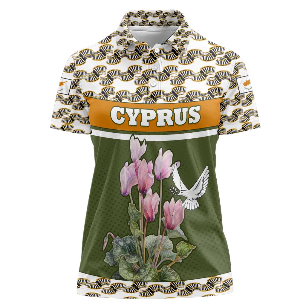 Cyprus Women Polo Shirt with Cyclamen Flower Illustration Design and National Emblem - Wonder Print Shop