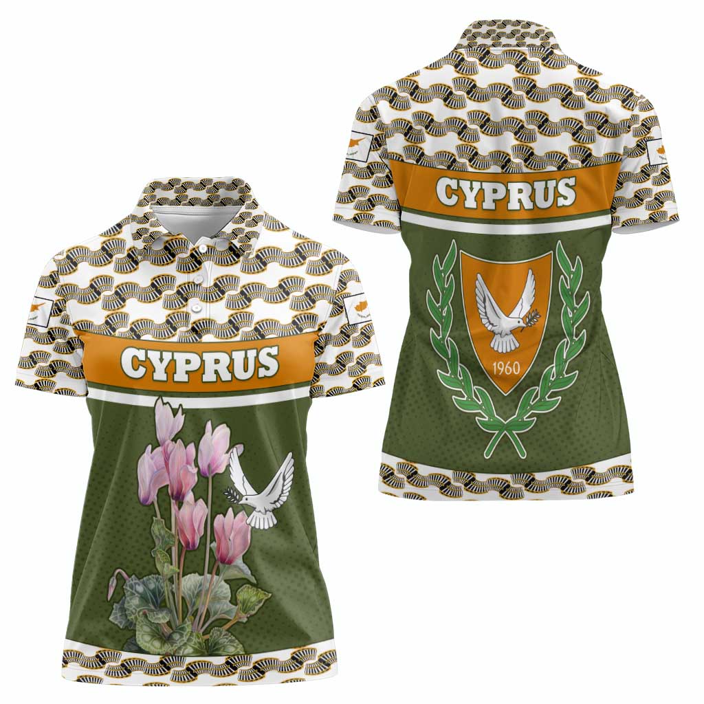 Cyprus Women Polo Shirt with Cyclamen Flower Illustration Design and National Emblem - Wonder Print Shop