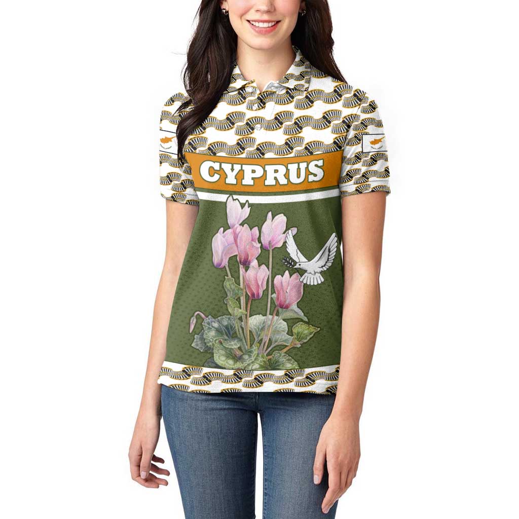 Cyprus Women Polo Shirt with Cyclamen Flower Illustration Design and National Emblem - Wonder Print Shop