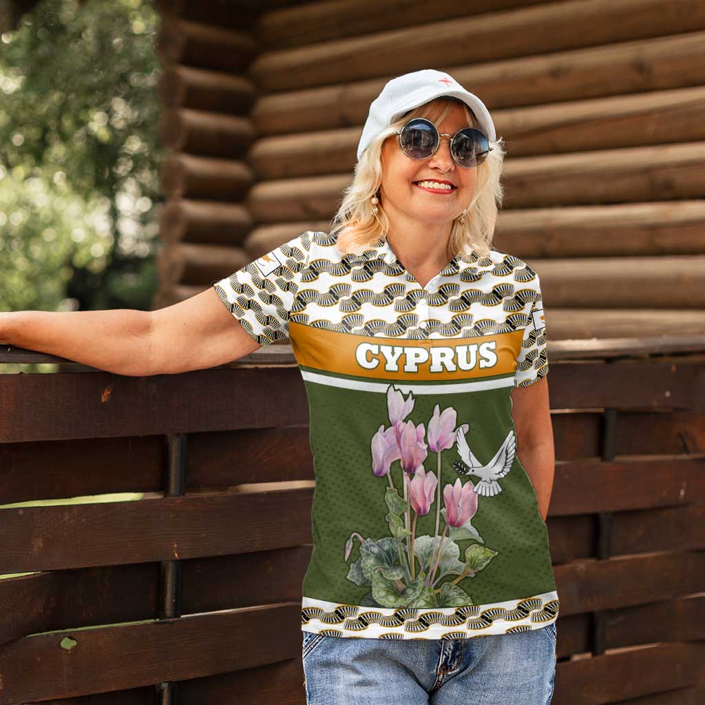 Cyprus Women Polo Shirt with Cyclamen Flower Illustration Design and National Emblem - Wonder Print Shop