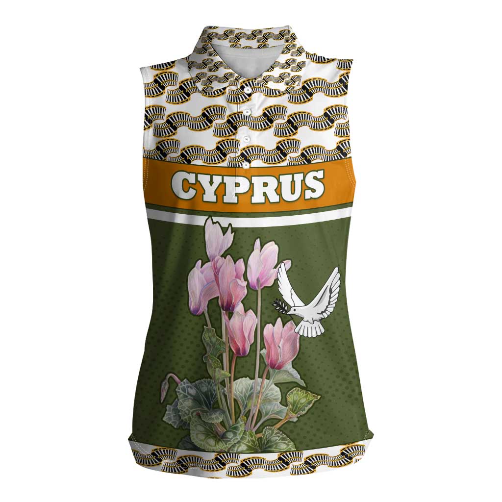 Cyprus Women Sleeveless Polo Shirt with Cyclamen Flower Illustration Design and National Emblem - Wonder Print Shop