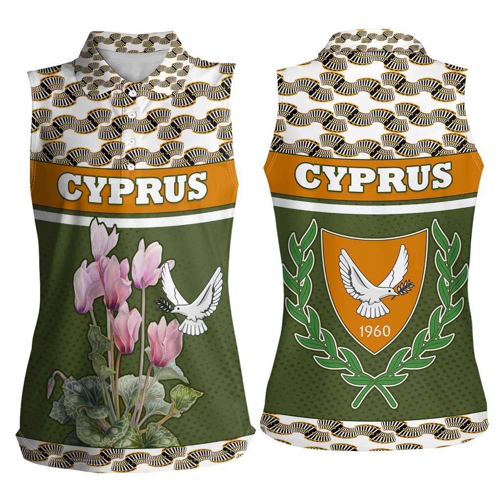 Cyprus Women Sleeveless Polo Shirt with Cyclamen Flower Illustration Design and National Emblem - Wonder Print Shop