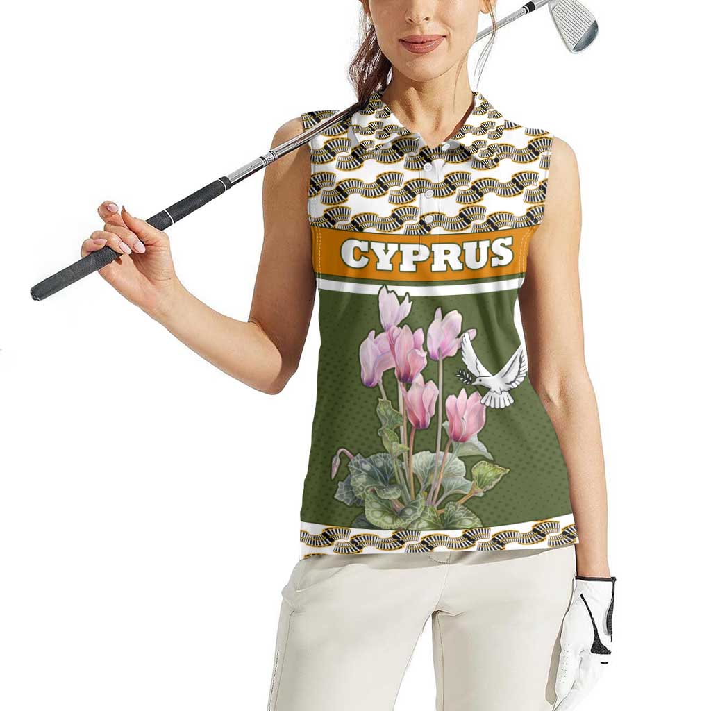 Cyprus Women Sleeveless Polo Shirt with Cyclamen Flower Illustration Design and National Emblem - Wonder Print Shop