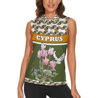 Cyprus Women Sleeveless Polo Shirt with Cyclamen Flower Illustration Design and National Emblem - Wonder Print Shop