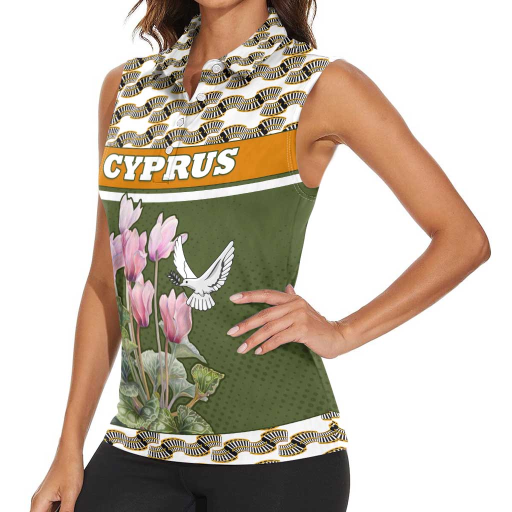 Cyprus Women Sleeveless Polo Shirt with Cyclamen Flower Illustration Design and National Emblem - Wonder Print Shop