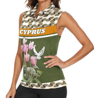 Cyprus Women Sleeveless Polo Shirt with Cyclamen Flower Illustration Design and National Emblem - Wonder Print Shop