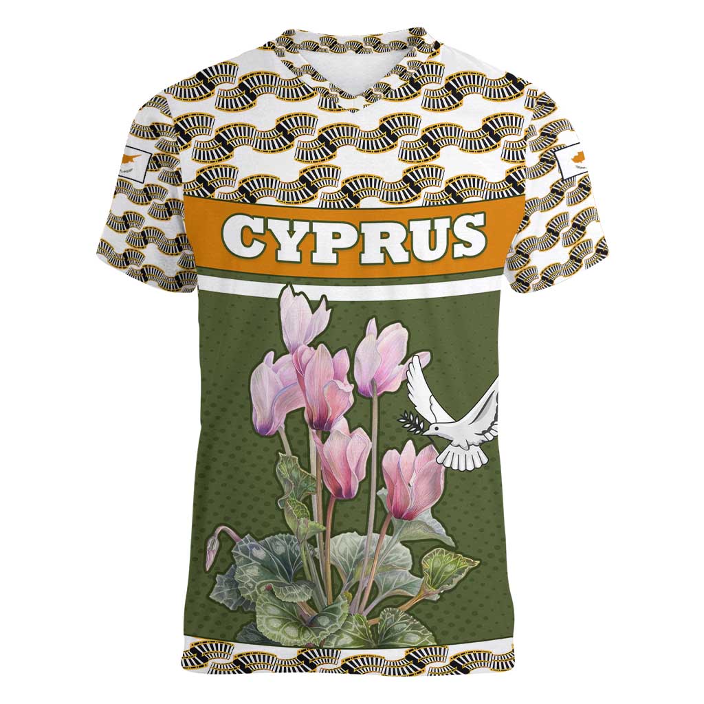 Cyprus Women V-Neck T-Shirt with Cyclamen Flower Illustration Design and National Emblem - Wonder Print Shop