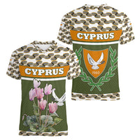 Cyprus Women V-Neck T-Shirt with Cyclamen Flower Illustration Design and National Emblem - Wonder Print Shop