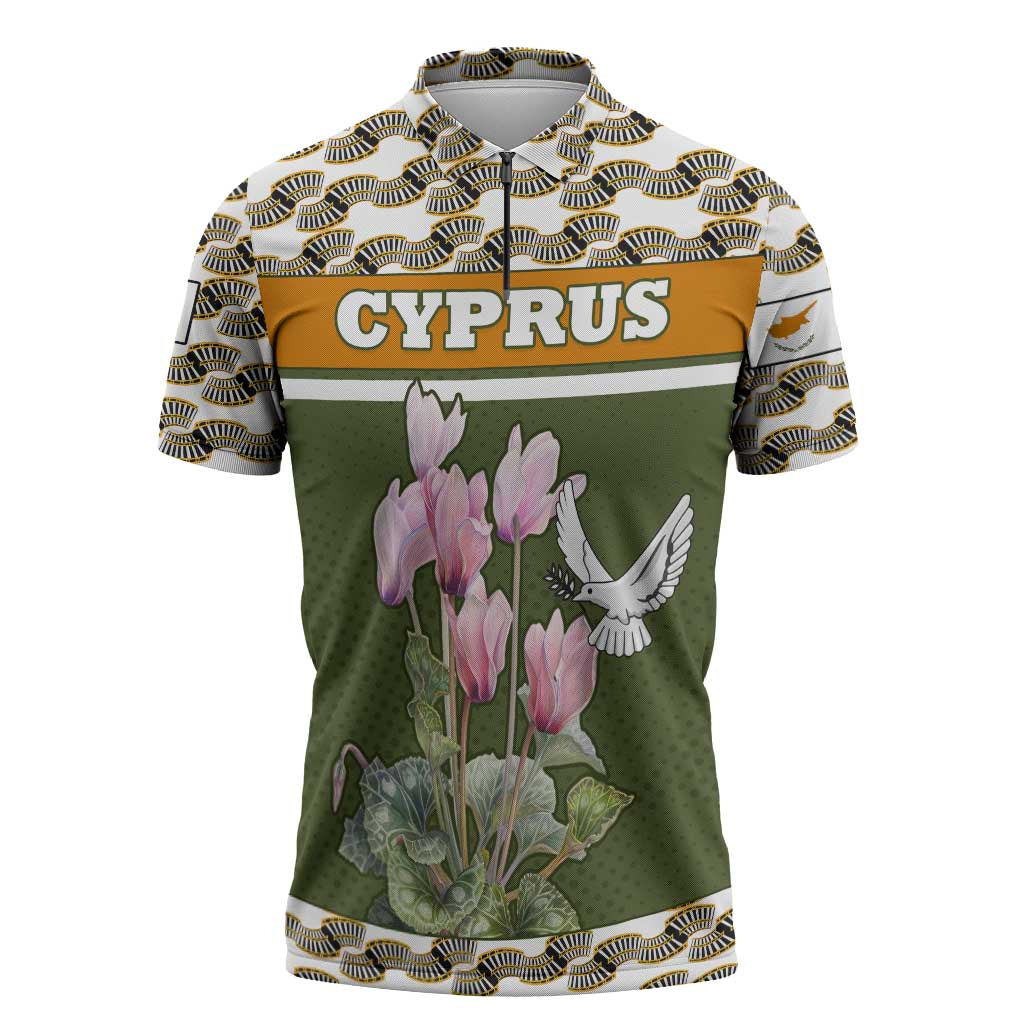 Cyprus Zipper Polo Shirt with Cyclamen Flower Illustration Design and National Emblem - Wonder Print Shop