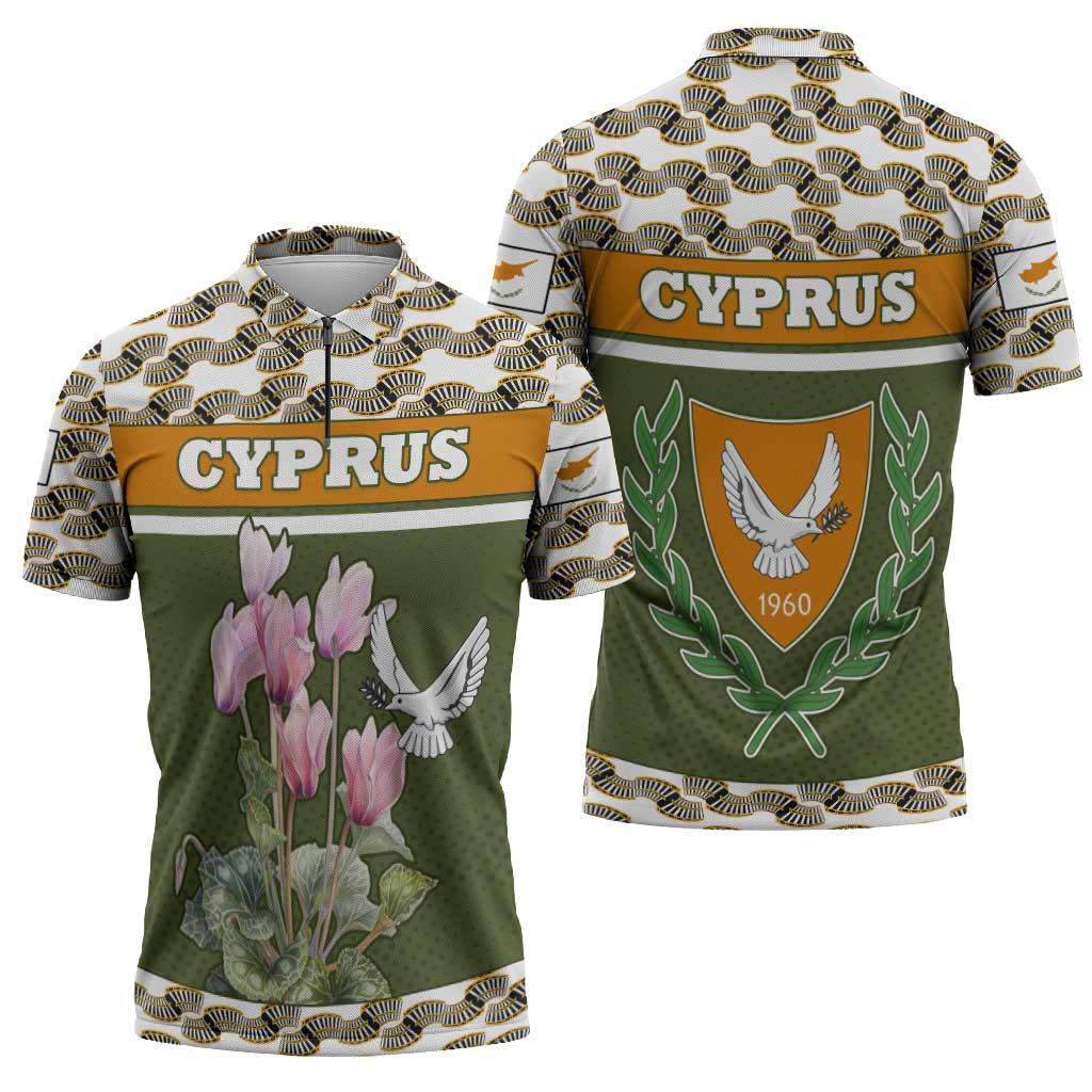 Cyprus Zipper Polo Shirt with Cyclamen Flower Illustration Design and National Emblem - Wonder Print Shop