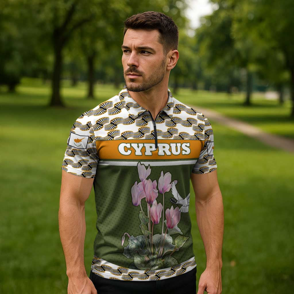 Cyprus Zipper Polo Shirt with Cyclamen Flower Illustration Design and National Emblem - Wonder Print Shop