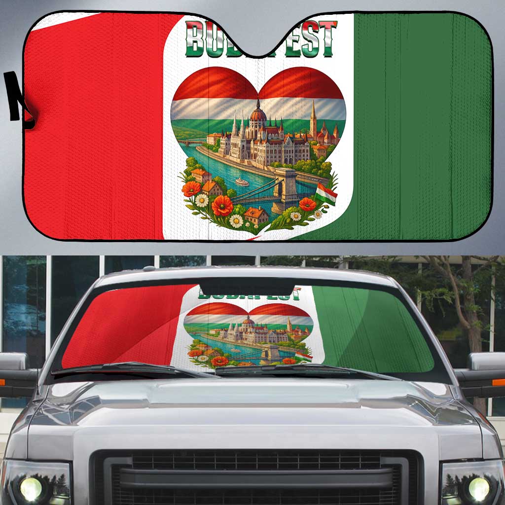 Hungary Auto Sun Shade with Budapest Heart Illustration Design and Crown Emblem - Wonder Print Shop