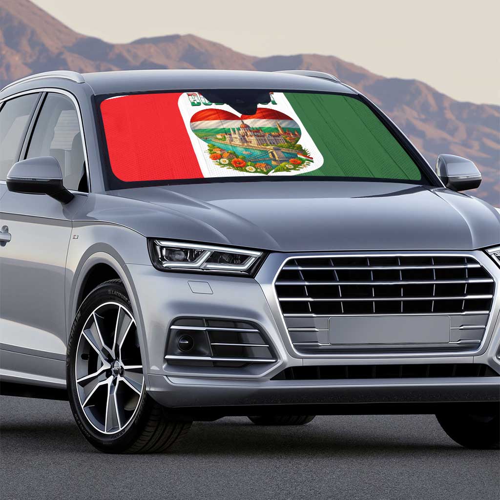 Hungary Auto Sun Shade with Budapest Heart Illustration Design and Crown Emblem - Wonder Print Shop