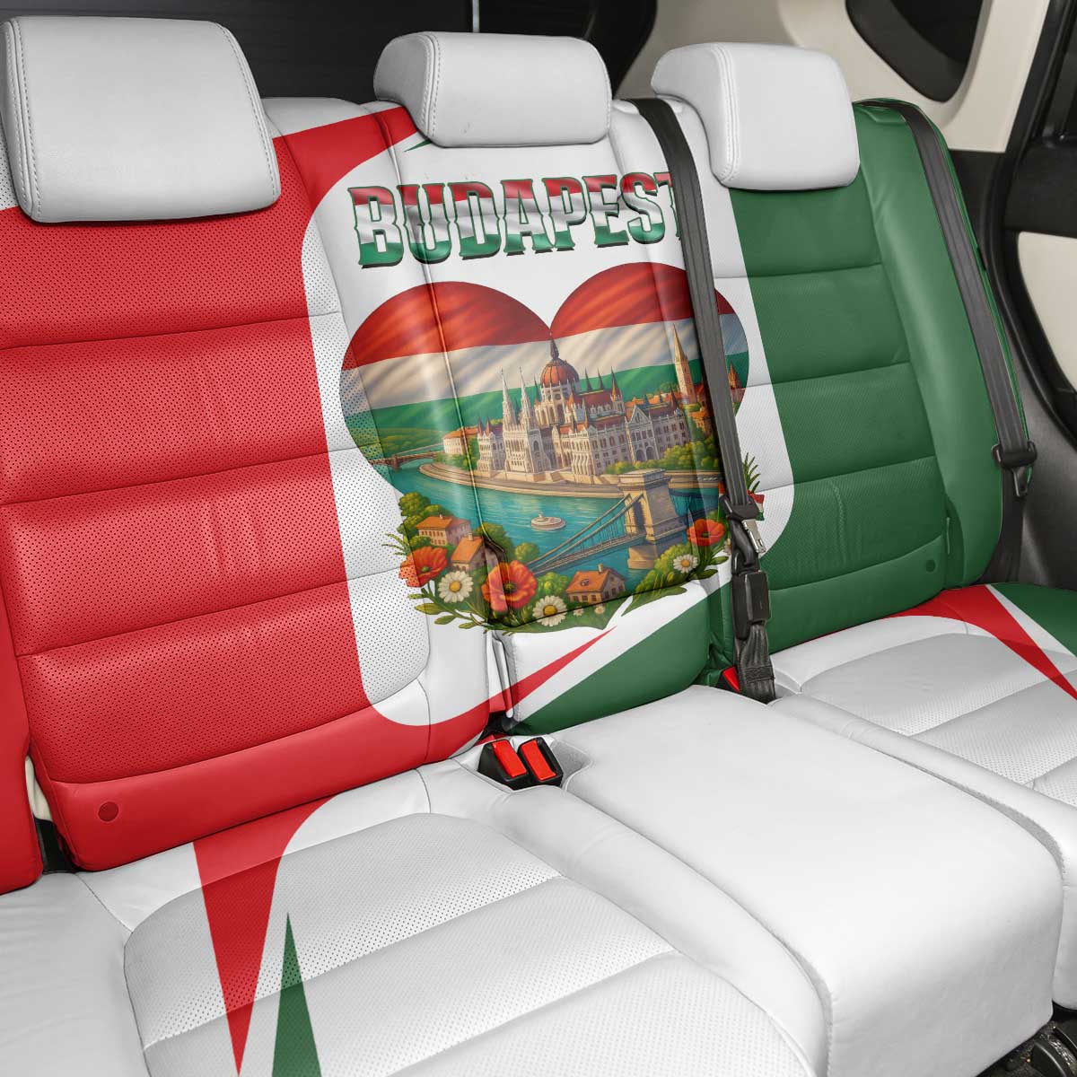 Hungary Back Car Seat Cover with Budapest Heart Illustration Design and Crown Emblem - Wonder Print Shop