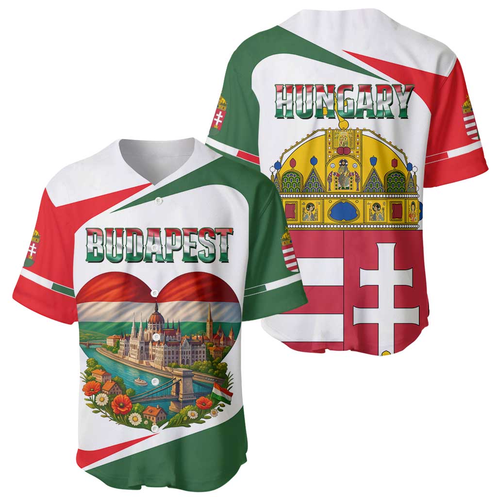 Hungary Baseball Jersey with Budapest Heart Illustration Design and Crown Emblem - Wonder Print Shop
