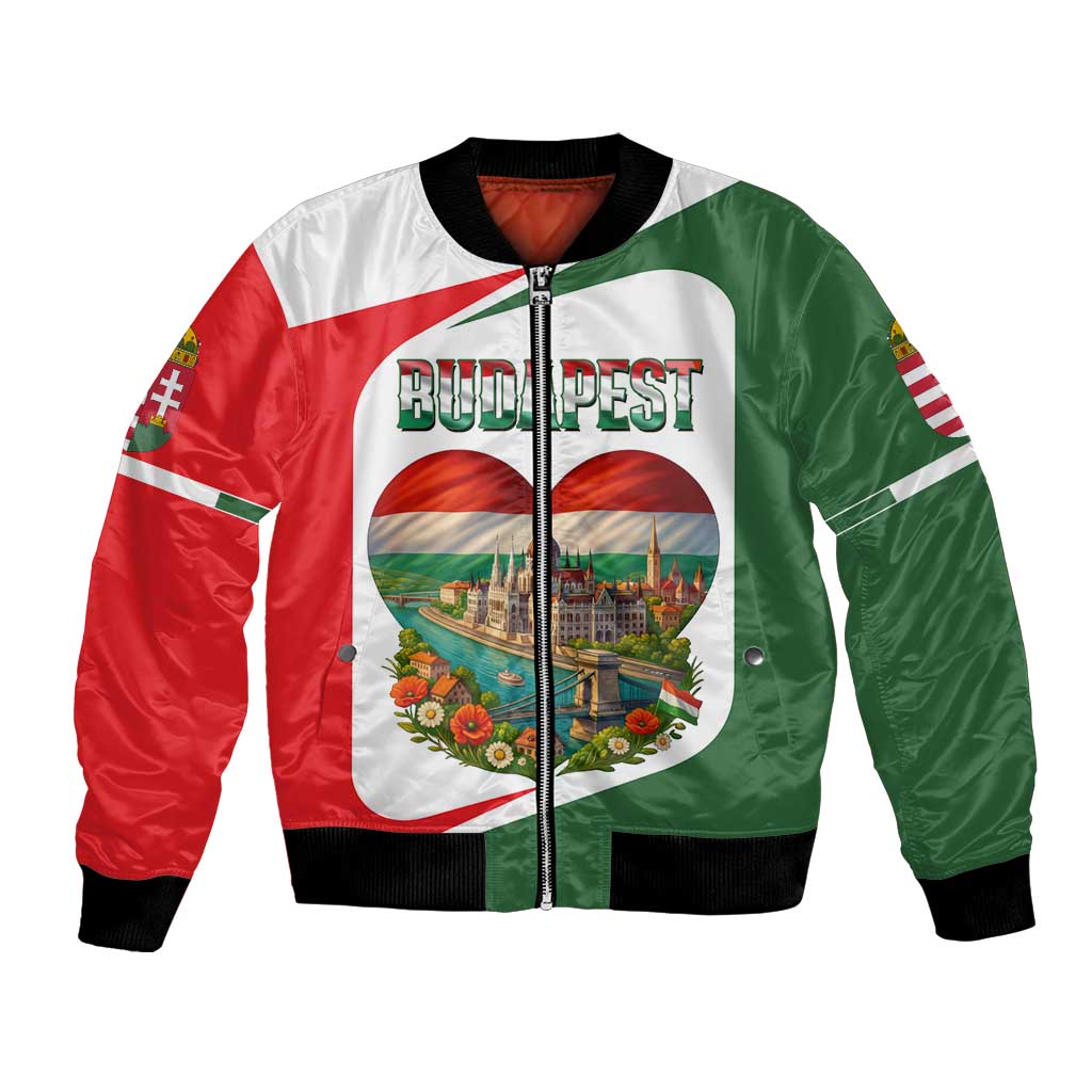 Hungary Bomber Jacket with Budapest Heart Illustration Design and Crown Emblem - Wonder Print Shop