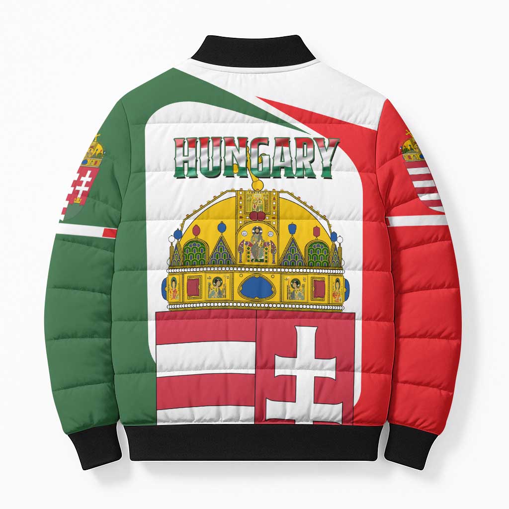 Hungary Bomber Puffer Jacket with Budapest Heart Illustration Design and Crown Emblem - Wonder Print Shop