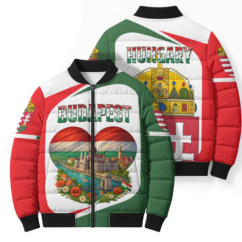 Hungary Bomber Puffer Jacket with Budapest Heart Illustration Design and Crown Emblem - Wonder Print Shop