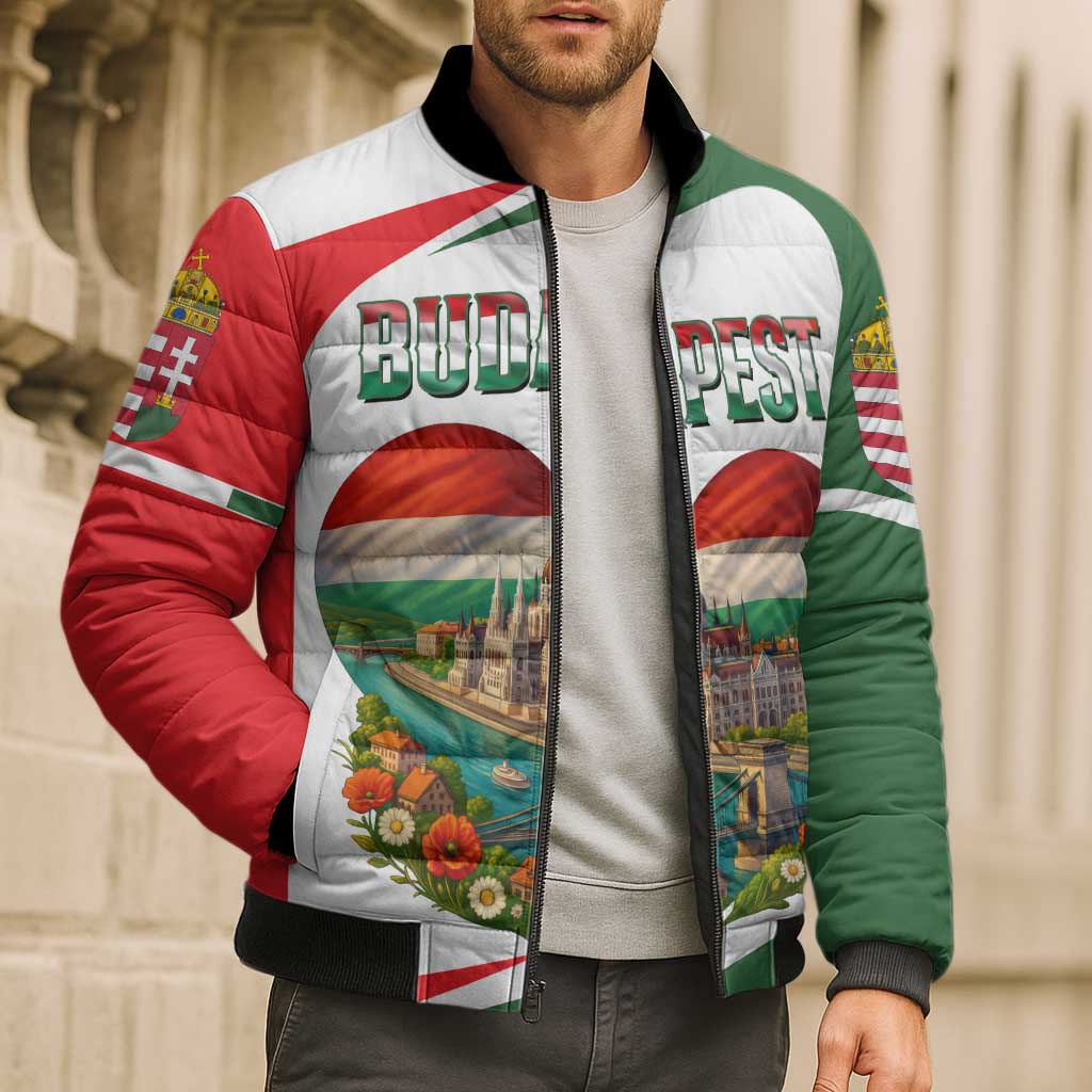 Hungary Bomber Puffer Jacket with Budapest Heart Illustration Design and Crown Emblem - Wonder Print Shop