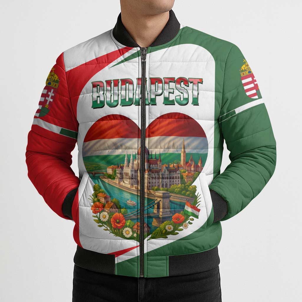 Hungary Bomber Puffer Jacket with Budapest Heart Illustration Design and Crown Emblem - Wonder Print Shop