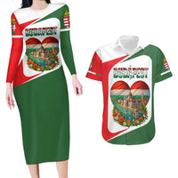 Hungary Couples Matching Long Sleeve Bodycon Dress and Hawaiian Shirt with Budapest Heart Illustration Design and Crown Emblem - Wonder Print Shop