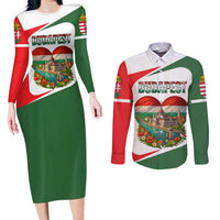Hungary Couples Matching Long Sleeve Bodycon Dress and Long Sleeve Button Shirt with Budapest Heart Illustration Design and Crown Emblem - Wonder Print Shop