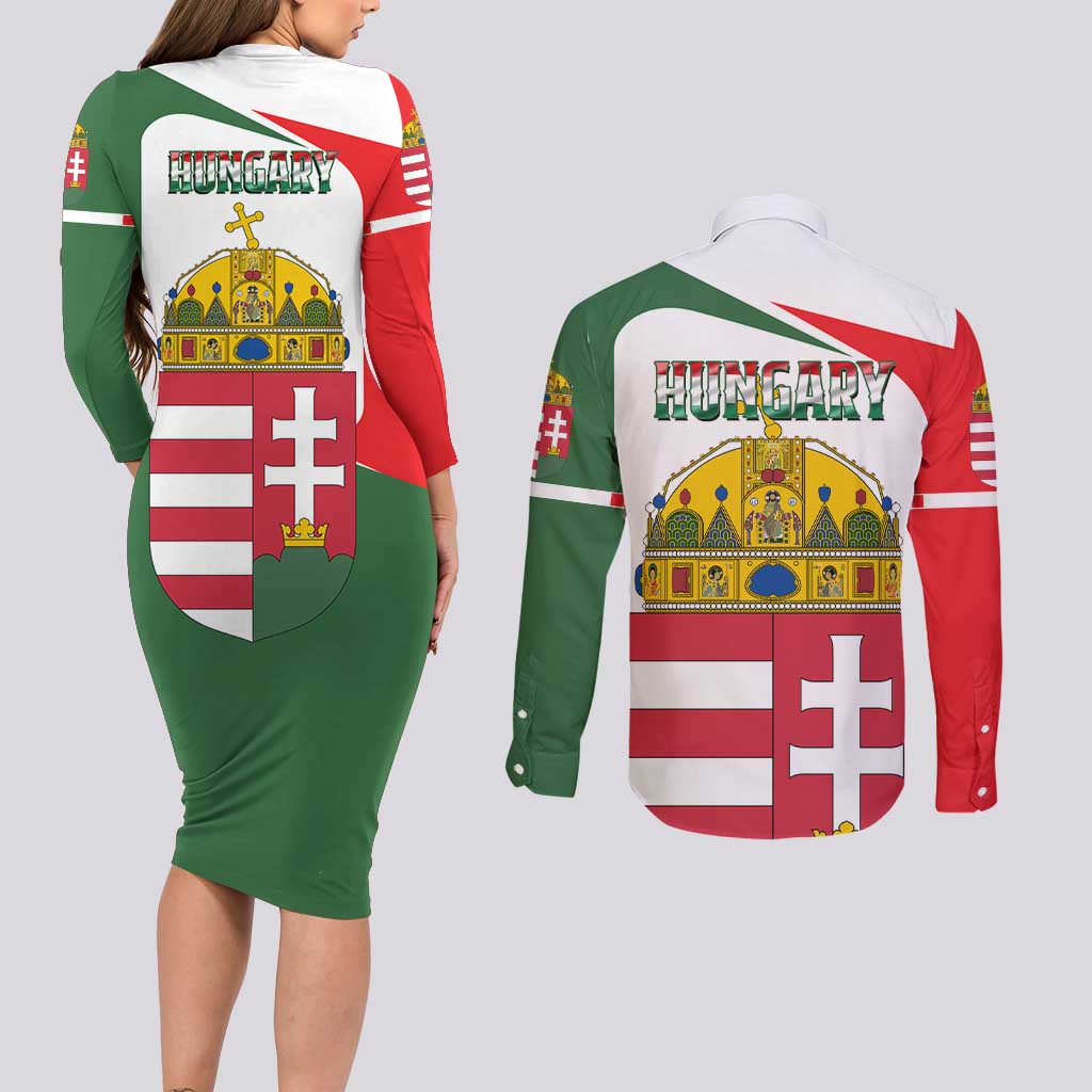 Hungary Couples Matching Long Sleeve Bodycon Dress and Long Sleeve Button Shirt with Budapest Heart Illustration Design and Crown Emblem - Wonder Print Shop