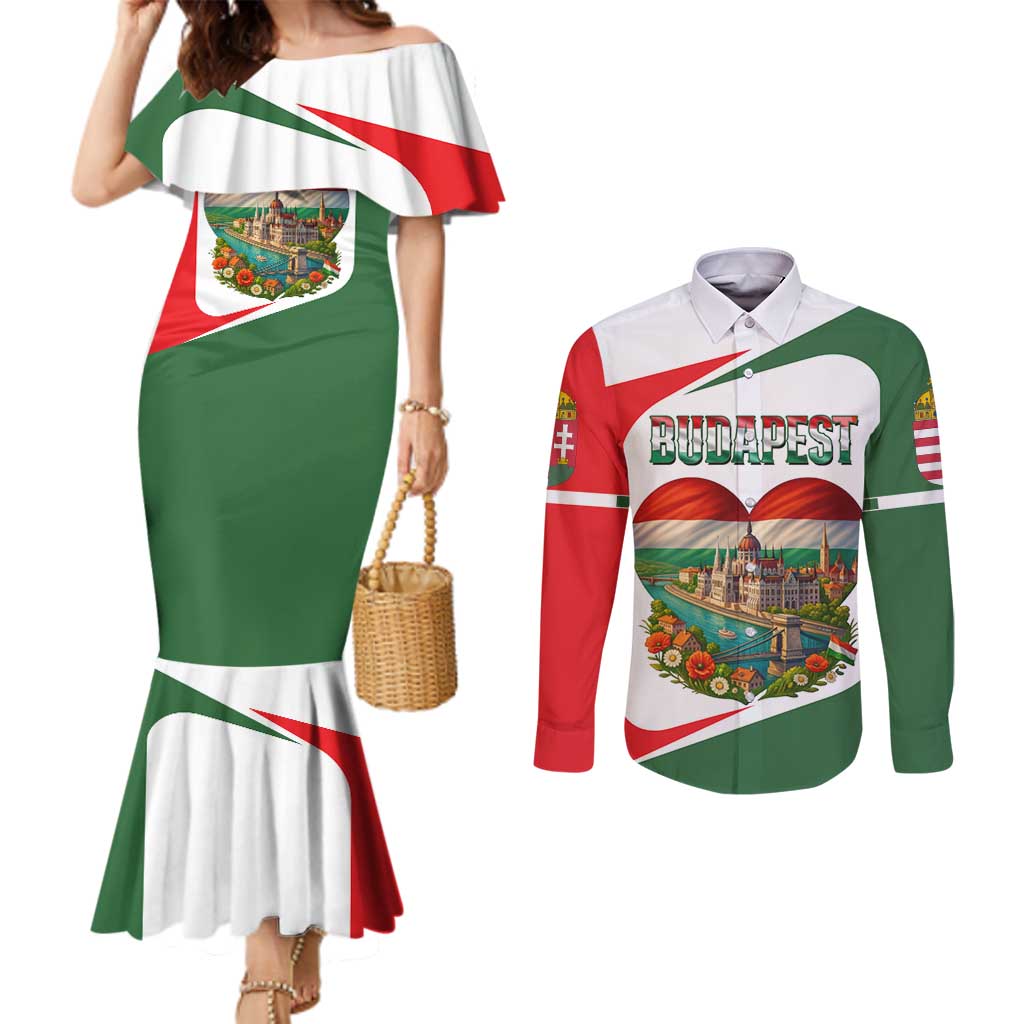 Hungary Couples Matching Mermaid Dress and Long Sleeve Button Shirt with Budapest Heart Illustration Design and Crown Emblem - Wonder Print Shop