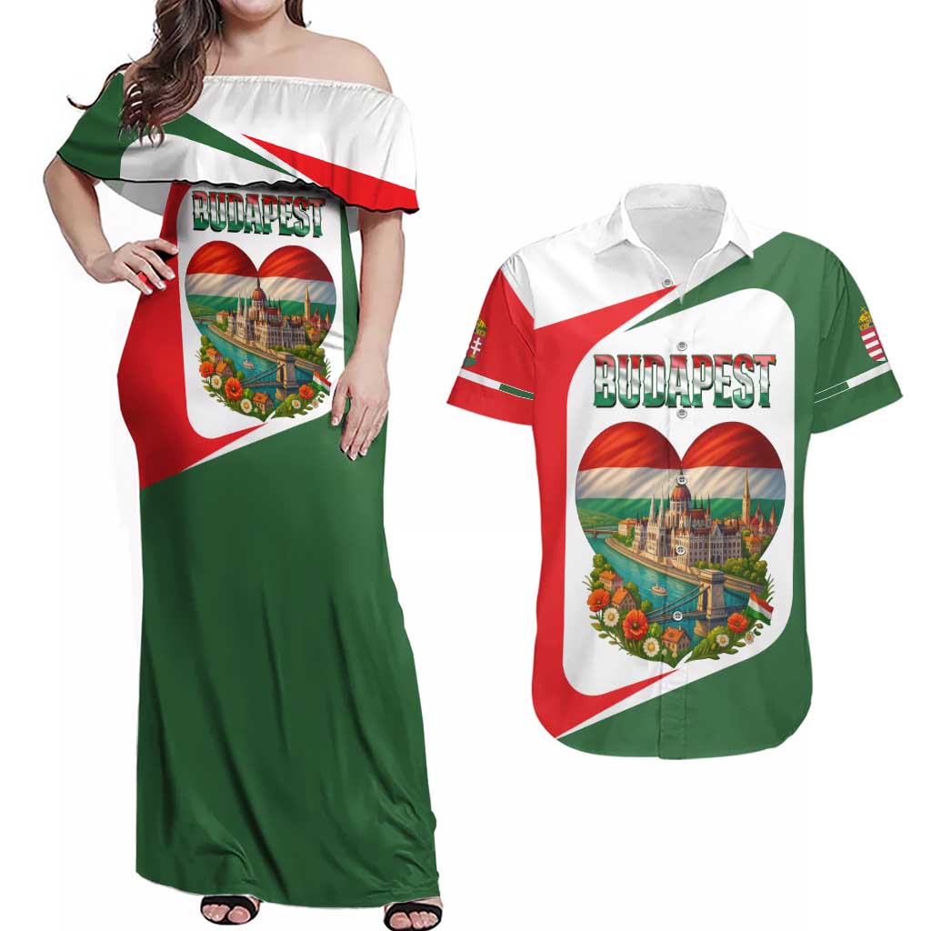 Hungary Couples Matching Off Shoulder Maxi Dress and Hawaiian Shirt with Budapest Heart Illustration Design and Crown Emblem - Wonder Print Shop