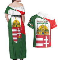 Hungary Couples Matching Off Shoulder Maxi Dress and Hawaiian Shirt with Budapest Heart Illustration Design and Crown Emblem - Wonder Print Shop