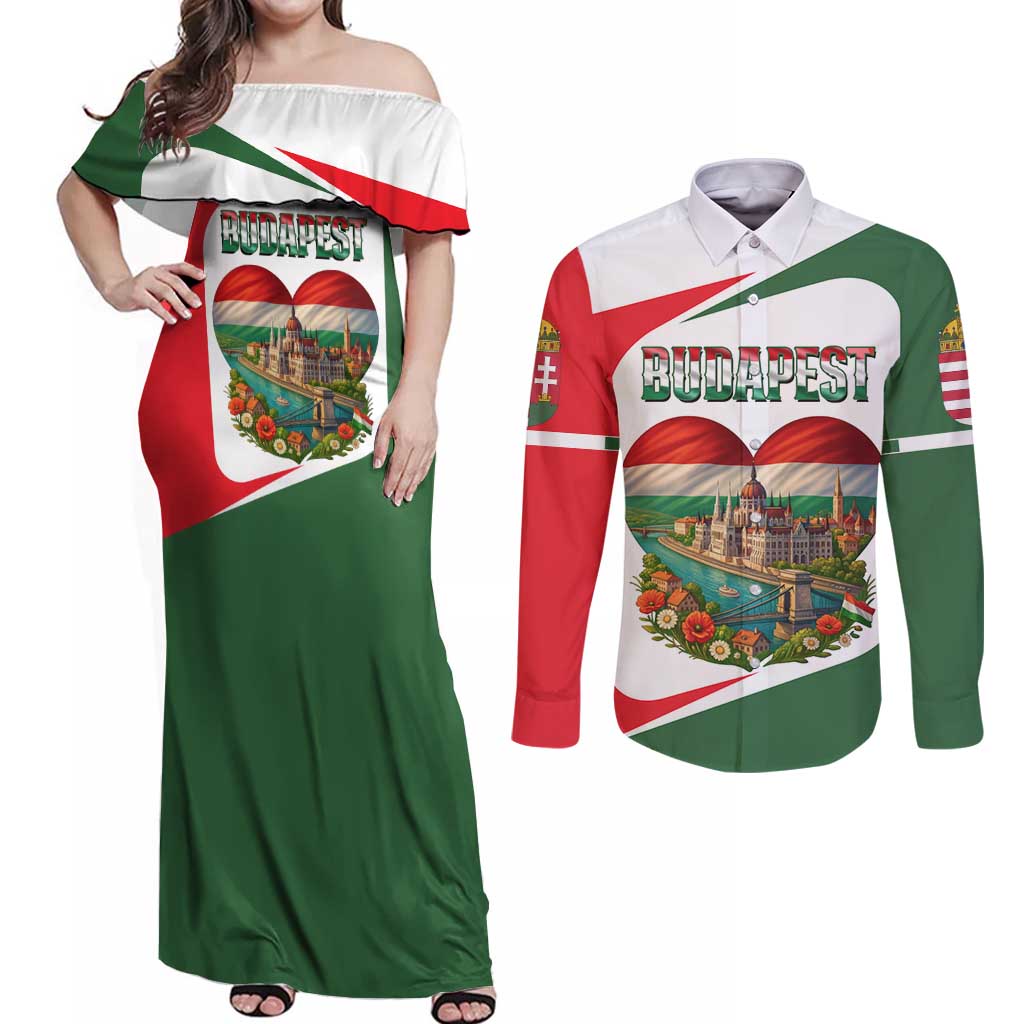 Hungary Couples Matching Off Shoulder Maxi Dress and Long Sleeve Button Shirt with Budapest Heart Illustration Design and Crown Emblem - Wonder Print Shop