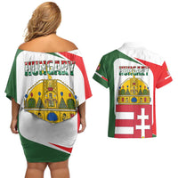 Hungary Couples Matching Off Shoulder Short Dress and Hawaiian Shirt with Budapest Heart Illustration Design and Crown Emblem - Wonder Print Shop