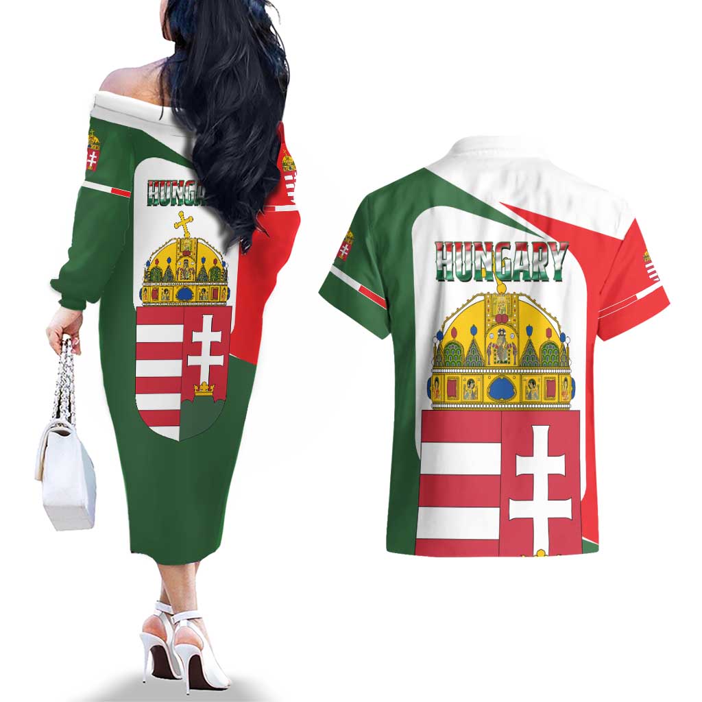 Hungary Couples Matching Off The Shoulder Long Sleeve Dress and Hawaiian Shirt with Budapest Heart Illustration Design and Crown Emblem - Wonder Print Shop