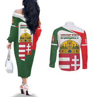 Hungary Couples Matching Off The Shoulder Long Sleeve Dress and Long Sleeve Button Shirt with Budapest Heart Illustration Design and Crown Emblem - Wonder Print Shop