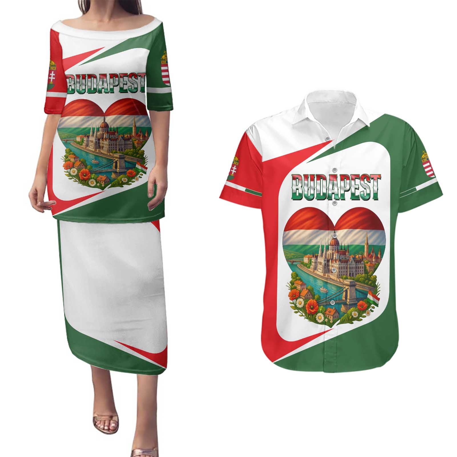 Hungary Couples Matching Puletasi and Hawaiian Shirt with Budapest Heart Illustration Design and Crown Emblem - Wonder Print Shop