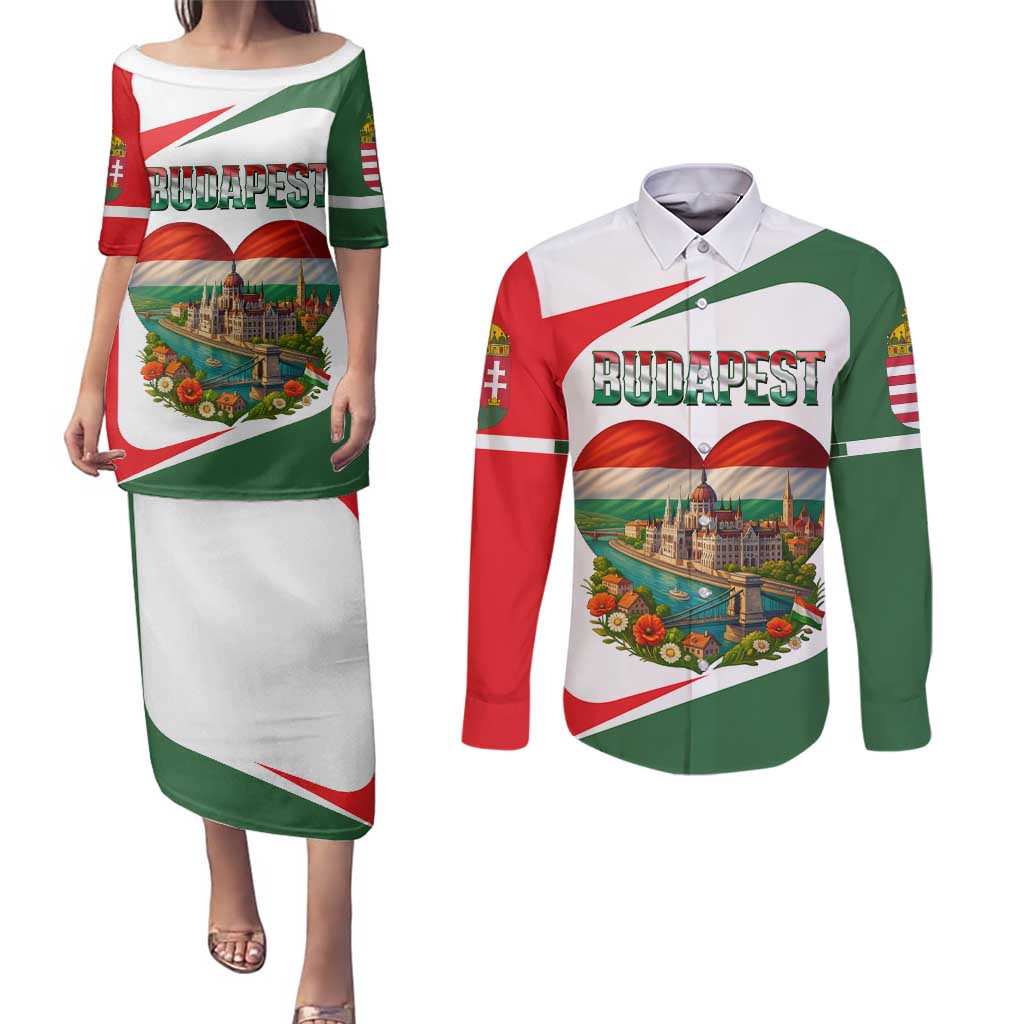 Hungary Couples Matching Puletasi and Long Sleeve Button Shirt with Budapest Heart Illustration Design and Crown Emblem - Wonder Print Shop