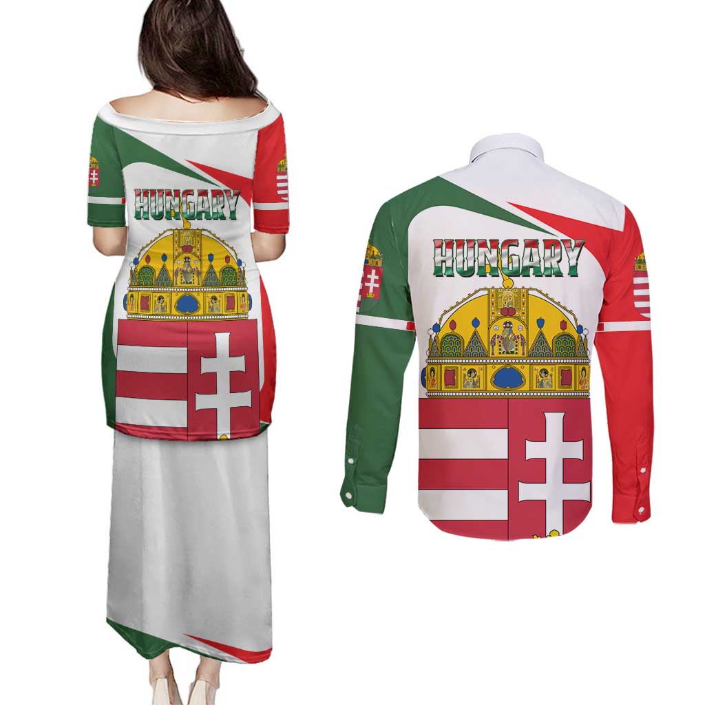 Hungary Couples Matching Puletasi and Long Sleeve Button Shirt with Budapest Heart Illustration Design and Crown Emblem - Wonder Print Shop