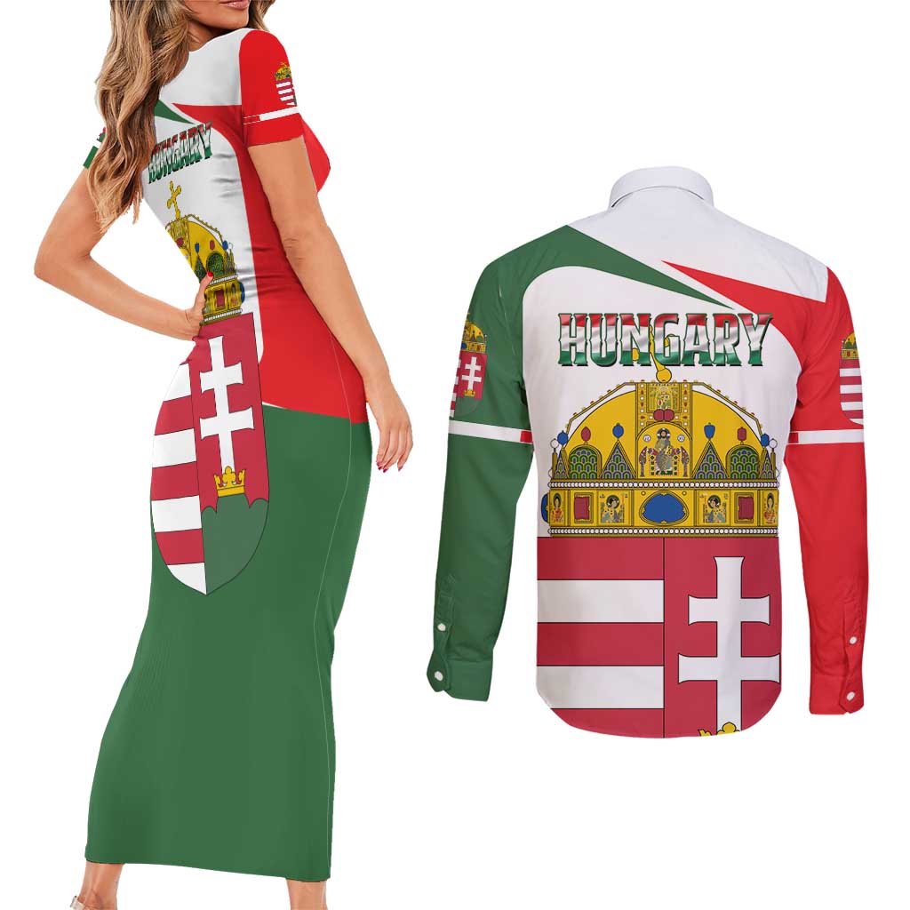 Hungary Couples Matching Short Sleeve Bodycon Dress and Long Sleeve Button Shirt with Budapest Heart Illustration Design and Crown Emblem - Wonder Print Shop